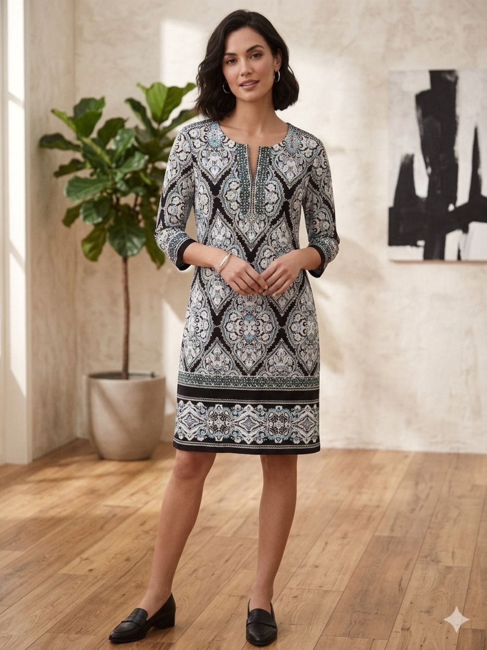 Sandra Darren Black and White Paisley-Print Midi Shift Dress